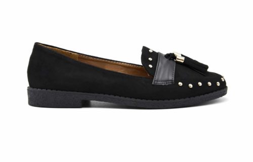 Mocassins-Effet-Daim-avec-Clous-Dores-Bande-Satinee-et-Double-Pompons-Noir