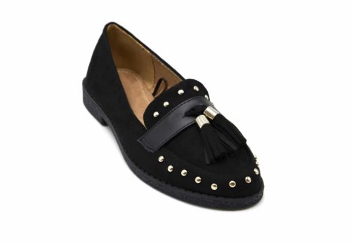 Mocassins-Effet-Daim-avec-Clous-Dores-Bande-Satinee-et-Double-Pompons-Noir