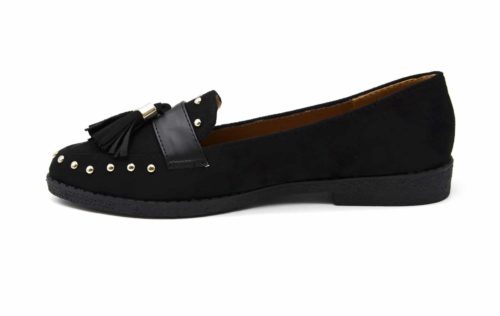 Mocassins-Effet-Daim-avec-Clous-Dores-Bande-Satinee-et-Double-Pompons-Noir