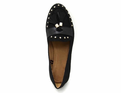 Mocassins-Effet-Daim-avec-Clous-Dores-Bande-Satinee-et-Double-Pompons-Noir