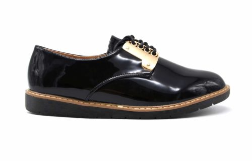 Derbies-Simili-Cuir-Verni-avec-Plaques-Metal-Dore-et-Lacets-Noir