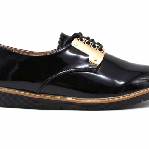 Derbies-Simili-Cuir-Verni-avec-Plaques-Metal-Dore-et-Lacets-Noir