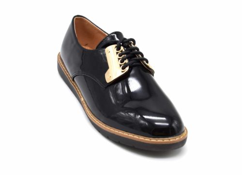 Derbies-Simili-Cuir-Verni-avec-Plaques-Metal-Dore-et-Lacets-Noir