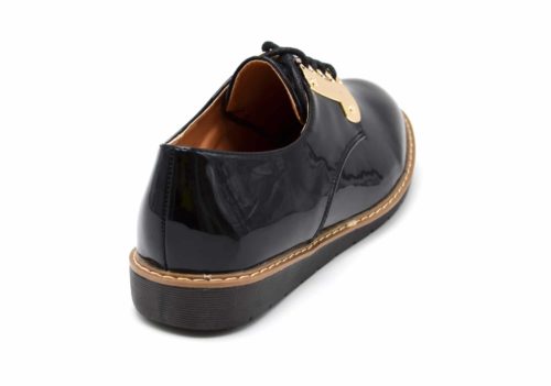 Derbies-Simili-Cuir-Verni-avec-Plaques-Metal-Dore-et-Lacets-Noir