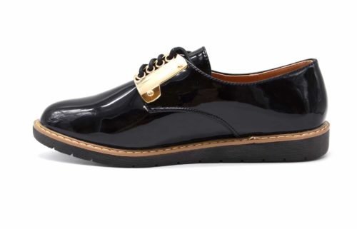 Derbies-Simili-Cuir-Verni-avec-Plaques-Metal-Dore-et-Lacets-Noir