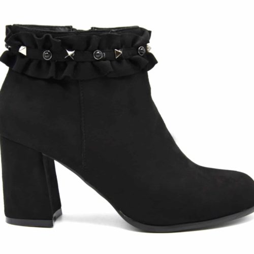 Bottines-Boots-a-Talon-Carre-Effet-Daim-avec-Contour-Fronces-Clous-et-Perles-Noir