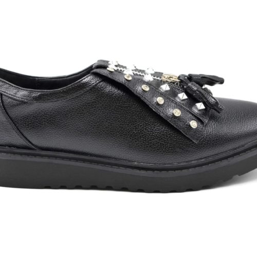 Derbies-Simili-Cuir-avec-Languette-Clous-Pierres-Fermeture-Zip-et-Double-Pompons-Noir