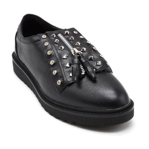 Derbies-imitation-leather-with-tongue-nails-stones-closure-zip-and-Double-pompoms-Black