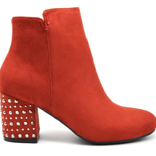 Bottines-Boots-Effet-Daim-avec-Talon-Carre-Orne-de-Clous-Argentes-Rouge