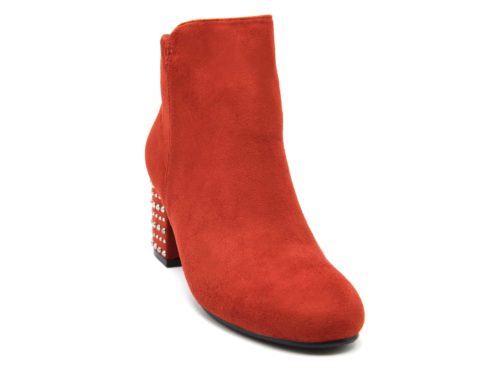 Bottines-Boots-Effet-Daim-avec-Talon-Carre-Orne-de-Clous-Argentes-Rouge