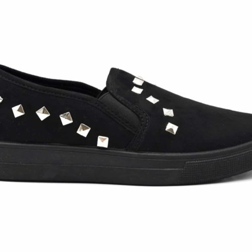 Baskets-Slip-On-Sneakers-Effet-Daim-avec-Clous-Pyramide-Argente-Noir