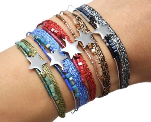 Bracelet-Multi-Rangs-Perles-et-Tissu-Brillant-avec-Etoile-Acier-Argente