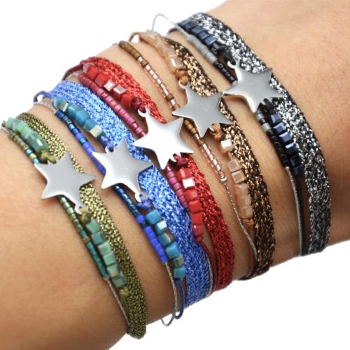 Bracelet-Multi-Rangs-Perles-et-Tissu-Brillant-avec-Etoile-Acier-Argente