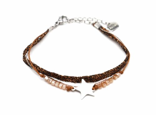 Bracelet-Multi-Rangs-Perles-et-Tissu-Brillant-Marron-avec-Etoile-Acier-Argente