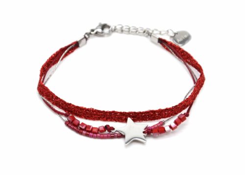 Bracelet-Multi-Rangs-Perles-et-Tissu-Brillant-Rouge-avec-Etoile-Acier-Argente