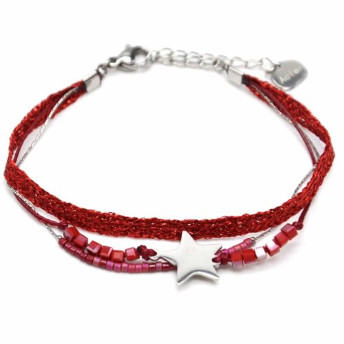 Bracelet-Multi-Rangs-Perles-et-Tissu-Brillant-Rouge-avec-Etoile-Acier-Argente