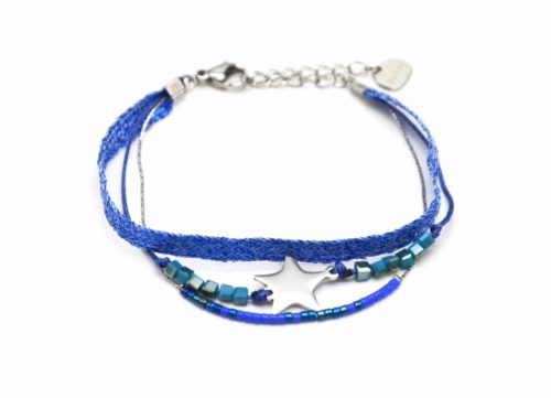 Bracelet-Multi-Rangs-Perles-et-Tissu-Brillant-Bleu-avec-Etoile-Acier-Argente