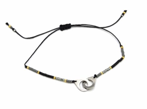 Bracelet-Cordon-Ajustable-Noir-avec-Perles-Rocaille-et-Charm-Menottes-Acier-Argente