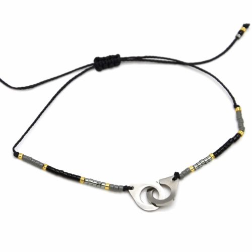 Bracelet-Cordon-Ajustable-Noir-avec-Perles-Rocaille-et-Charm-Menottes-Acier-Argente
