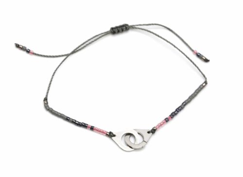 Bracelet-Cordon-Ajustable-Gris-Fonce-avec-Perles-Rocaille-et-Charm-Menottes-Acier-Argente