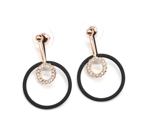 Boucles-dOreilles-Pendantes-2-en-1-Barre-Metal-Or-Rose-avec-Double-Cercles-Strass-et-Metal-Noir