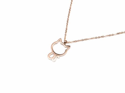 Collier-Fine-Chaine-Pendentif-Chat-Contour-Acier-Or-Rose