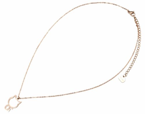 Collier-Fine-Chaine-Pendentif-Chat-Contour-Acier-Or-Rose