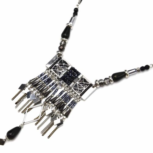 Sautoir-Collier-Double-Chaines-et-Pendentif-Rectangle-Ethnique-Metal-Argente-avec-Pierres-Perles-Grises