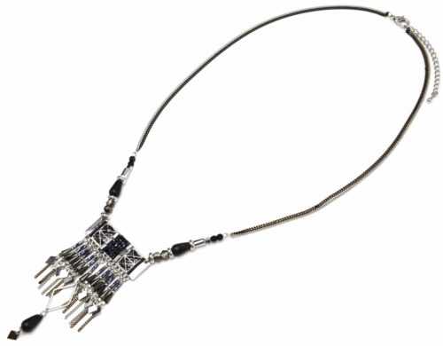 Sautoir-Collier-Double-Chaines-et-Pendentif-Rectangle-Ethnique-Metal-Argente-avec-Pierres-Perles-Grises