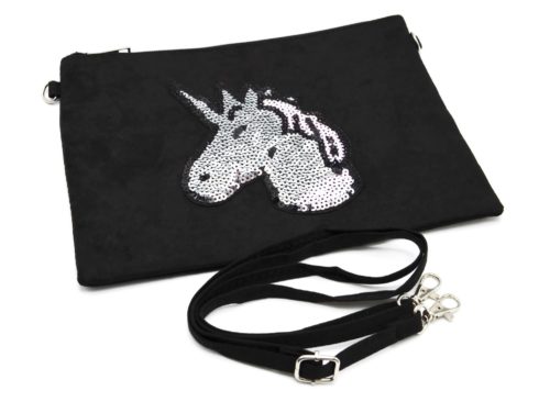 Pochette-Sac-Moyen-Bandouliere-Effet-Velours-Noir-avec-Motif-Licorne-Sequins-Argentes