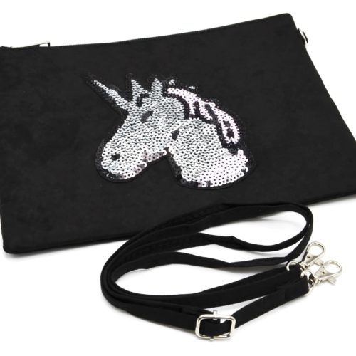 Pochette-Sac-Moyen-Bandouliere-Effet-Velours-Noir-avec-Motif-Licorne-Sequins-Argentes