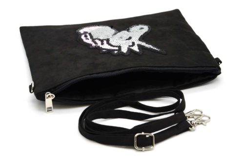 Pochette-Sac-Moyen-Bandouliere-Effet-Velours-Noir-avec-Motif-Licorne-Sequins-Argentes