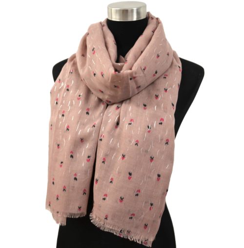 Foulard-Long-Automne-Hiver-Uni-Motif-Mini-Plumes-Multicolore-Vieux-Rose