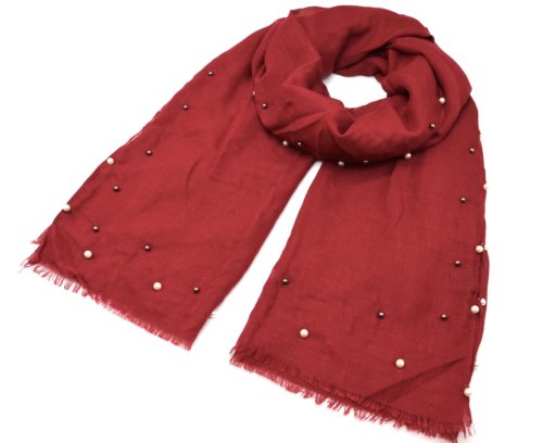 Foulard-Long-Automne-Hiver-Uni-avec-Contour-Perles-Ecru-et-Boules-Metal-Bordeaux