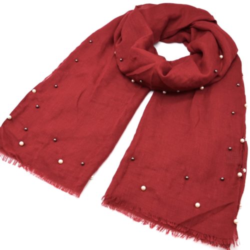 Foulard-Long-Automne-Hiver-Uni-avec-Contour-Perles-Ecru-et-Boules-Metal-Bordeaux