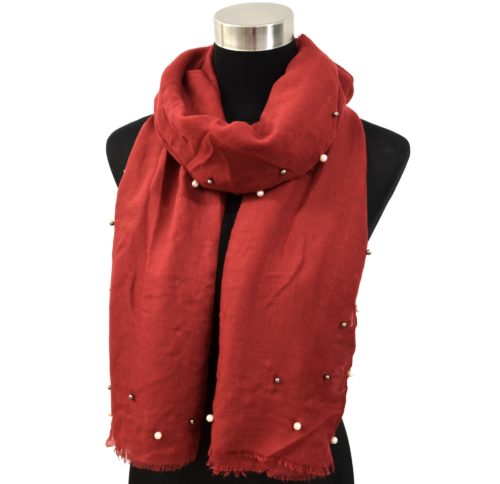 Foulard-Long-Automne-Hiver-Uni-avec-Contour-Perles-Ecru-et-Boules-Metal-Bordeaux