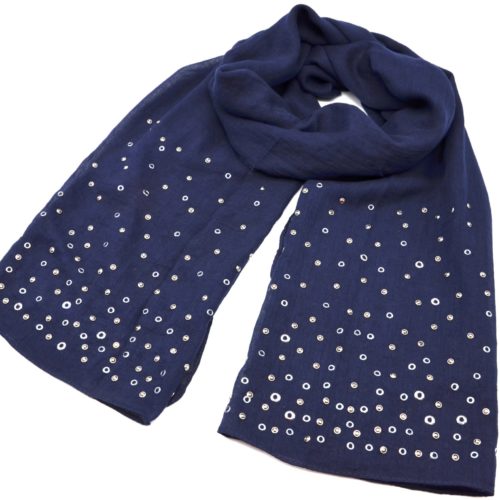 Scarf-Long-autumn-winter-Uni-with-eyelets-Metal-and-nails-shiny-blue-Navy