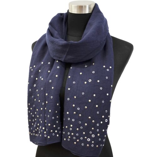Scarf-Long-autumn-winter-Uni-with-eyelets-Metal-and-nails-shiny-blue-Navy