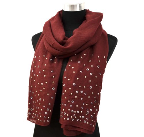 Foulard-Long-Automne-Hiver-Uni-avec-Oeillets-Metal-et-Clous-Brillants-Bordeaux