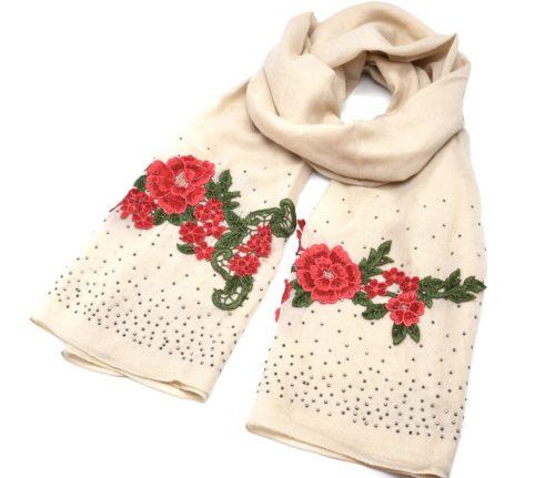 Foulard-Long-Automne-Hiver-Crepe-Uni-avec-Broderies-Fleurs-et-Clous-Brillants-Beige