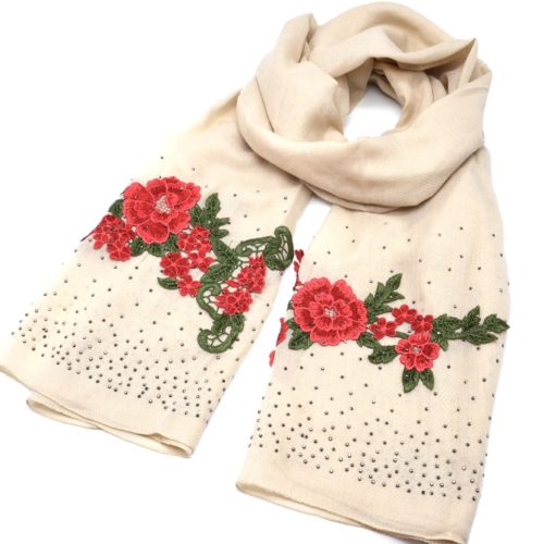 Scarf-Long-autumn-winter-Crepe-Uni-with-embroidery-flowers-and-nails-gloss-Beige