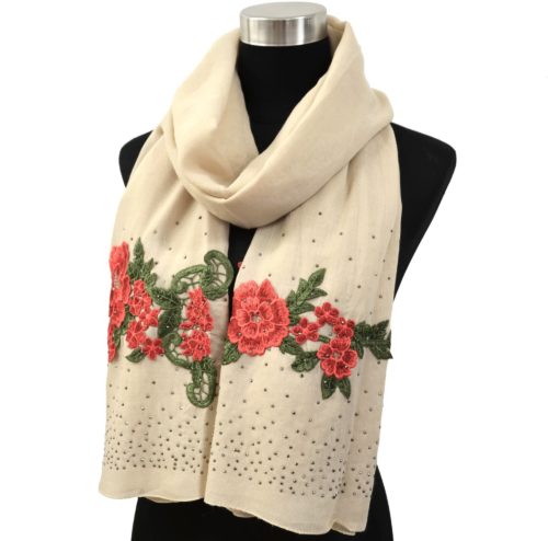 Foulard-Long-Automne-Hiver-Crepe-Uni-avec-Broderies-Fleurs-et-Clous-Brillants-Beige