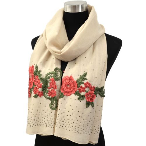 Scarf-Long-autumn-winter-Crepe-Uni-with-embroidery-flowers-and-nails-gloss-Beige