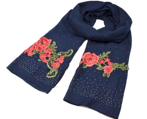 Foulard-Long-Automne-Hiver-Crepe-Uni-avec-Broderies-Fleurs-et-Clous-Brillants-Bleu-Marine