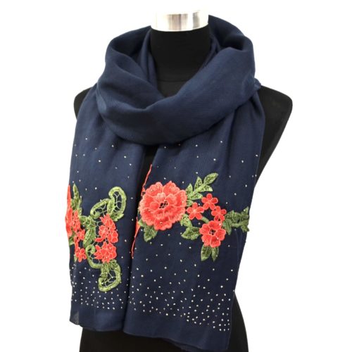 Scarf-Long-autumn-winter-Crepe-Uni-with-embroidery-flowers-and-nails-shiny-blue-Navy