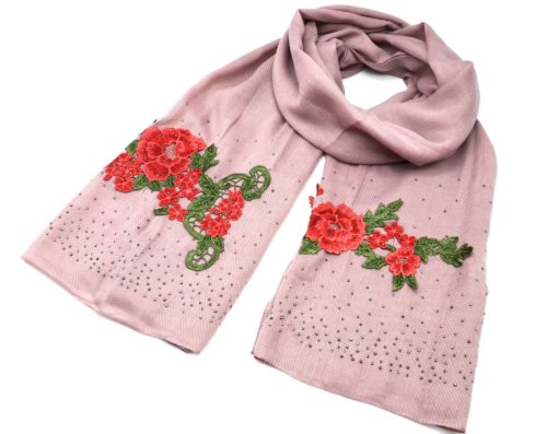 Foulard-Long-Automne-Hiver-Crepe-Uni-avec-Broderies-Fleurs-et-Clous-Brillants-Vieux-Rose