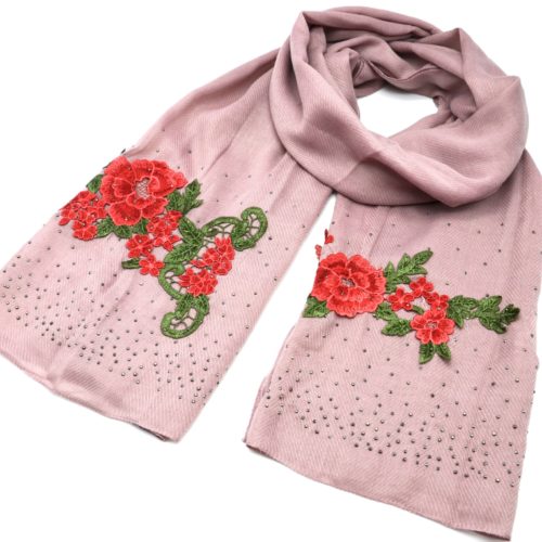 Scarf-Long-autumn-winter-Crepe-Uni-with-embroidery-flowers-and-nails-shiny-old-Rose