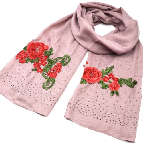 Foulard-Long-Automne-Hiver-Crepe-Uni-avec-Broderies-Fleurs-et-Clous-Brillants-Vieux-Rose