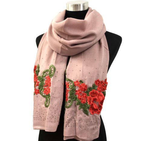 Foulard-Long-Automne-Hiver-Crepe-Uni-avec-Broderies-Fleurs-et-Clous-Brillants-Vieux-Rose