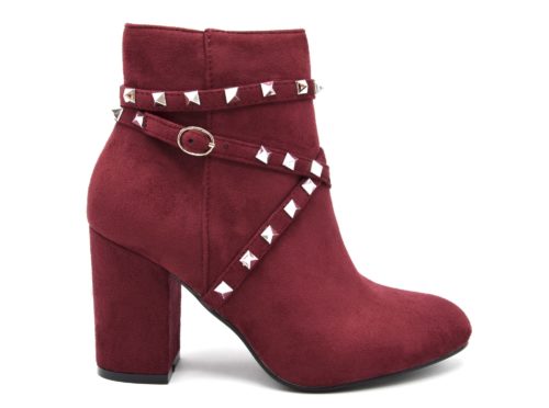 Bottines-Boots-Effet-Daim-avec-Talon-Carre-et-Brides-Clous-Pyramide-Metal-Argente-Bordeaux